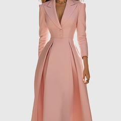 Blazer-style pleated midi dress, blush pink, notched lapel, buttoned waist seams