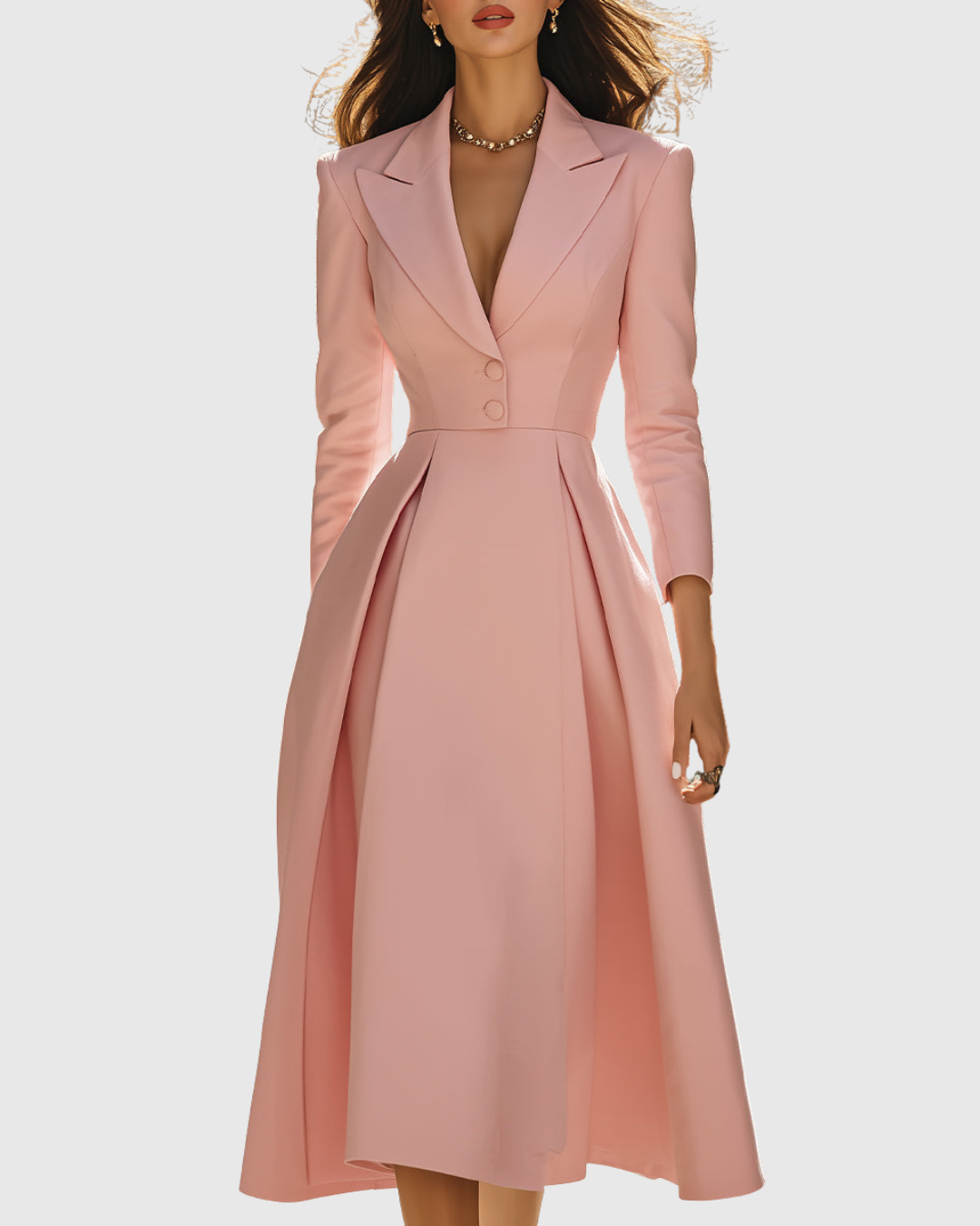 Blazer-style pleated midi dress, blush pink, notched lapel, buttoned waist seams