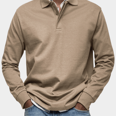Men's long-sleeve polo shirt in beige, button placket and ribbed cuffs