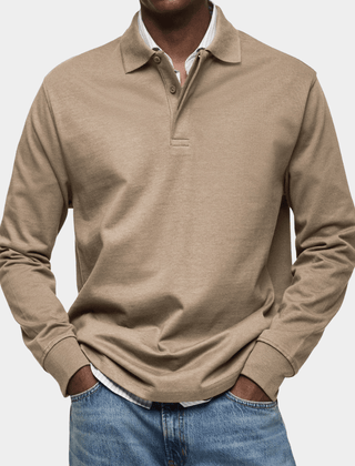 Men's long-sleeve polo shirt in beige, button placket and ribbed cuffs