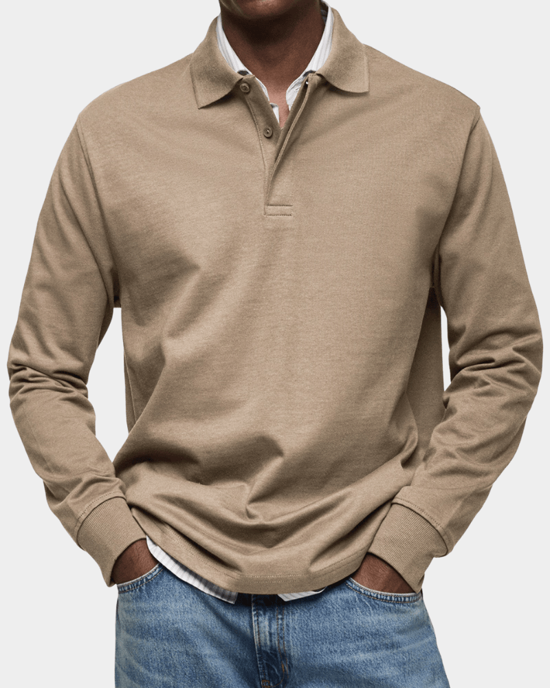 Men's long-sleeve polo shirt in beige, button placket and ribbed cuffs