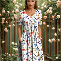 GEORGINA elegant dress with tummy coverage, white with colorful floral print, short sleeves