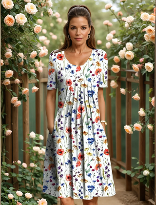 GEORGINA elegant dress with tummy coverage, white with colorful floral print, short sleeves