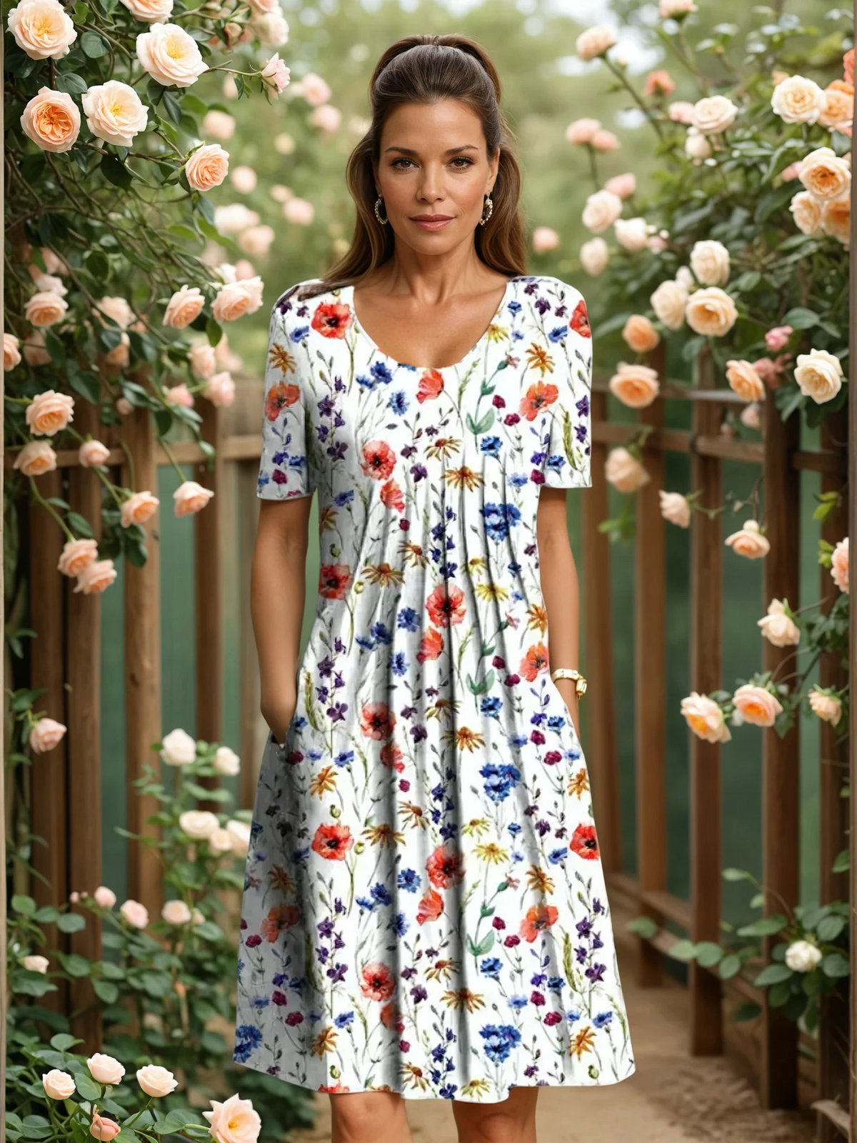 GEORGINA elegant dress with tummy coverage, white with colorful floral print, short sleeves