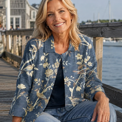 Blue bird-and-blossom print blouse, open front, 3/4 sleeves