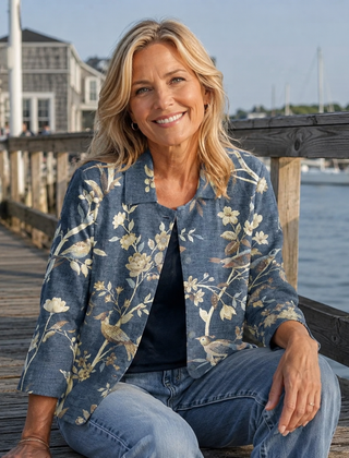 Blue bird-and-blossom print blouse, open front, 3/4 sleeves