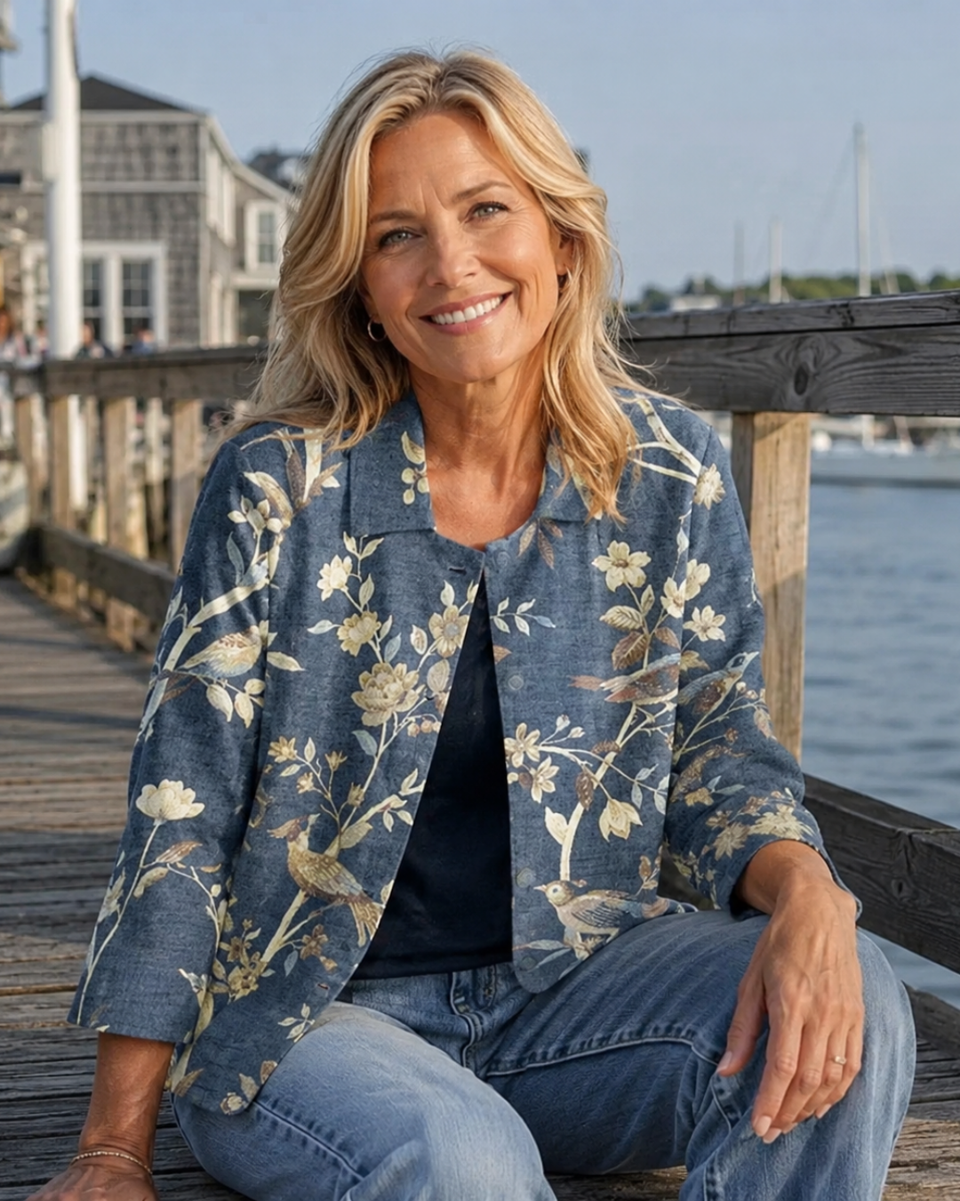 Blue bird-and-blossom print blouse, open front, 3/4 sleeves