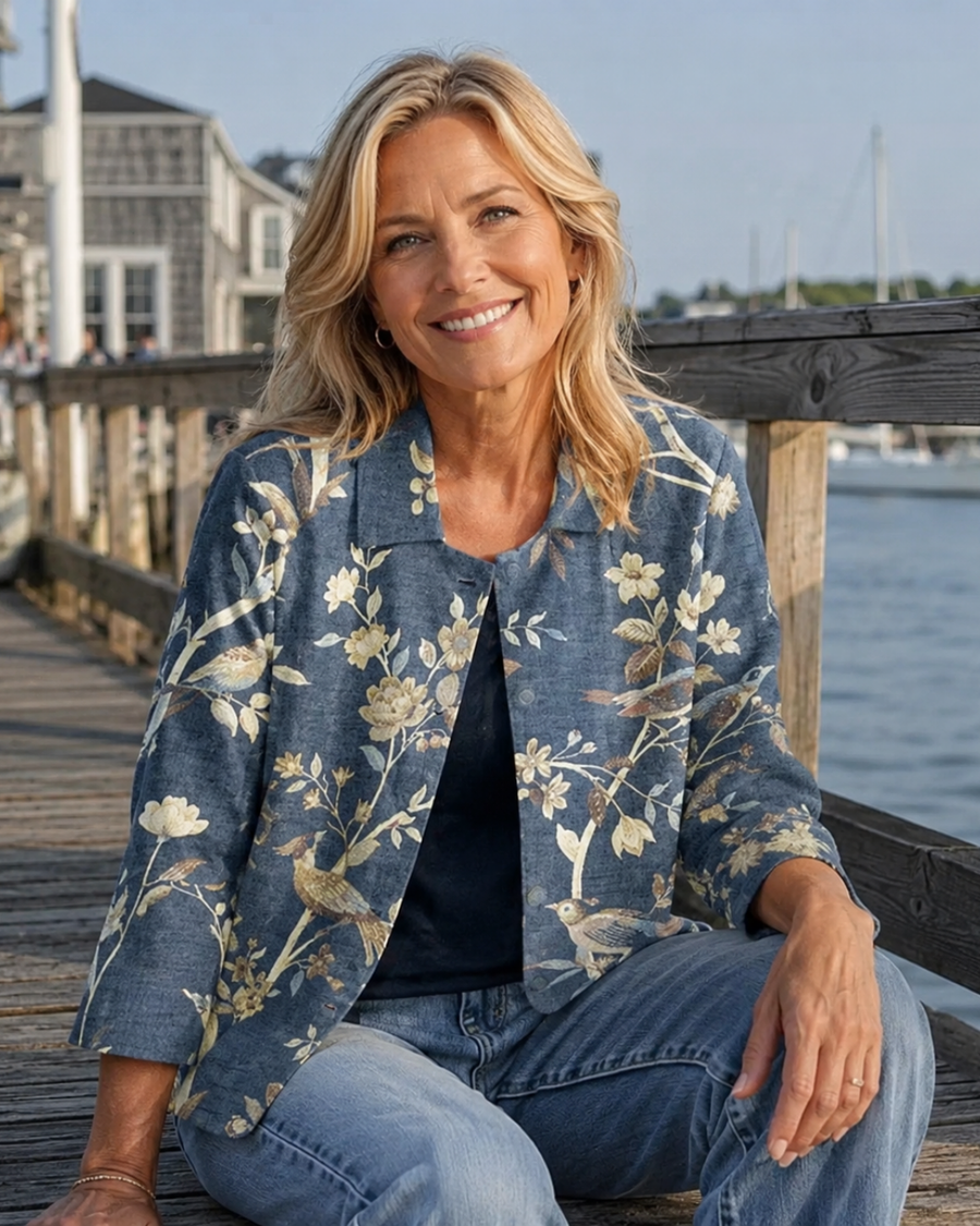 Blue bird-and-blossom print blouse, open front, 3/4 sleeves