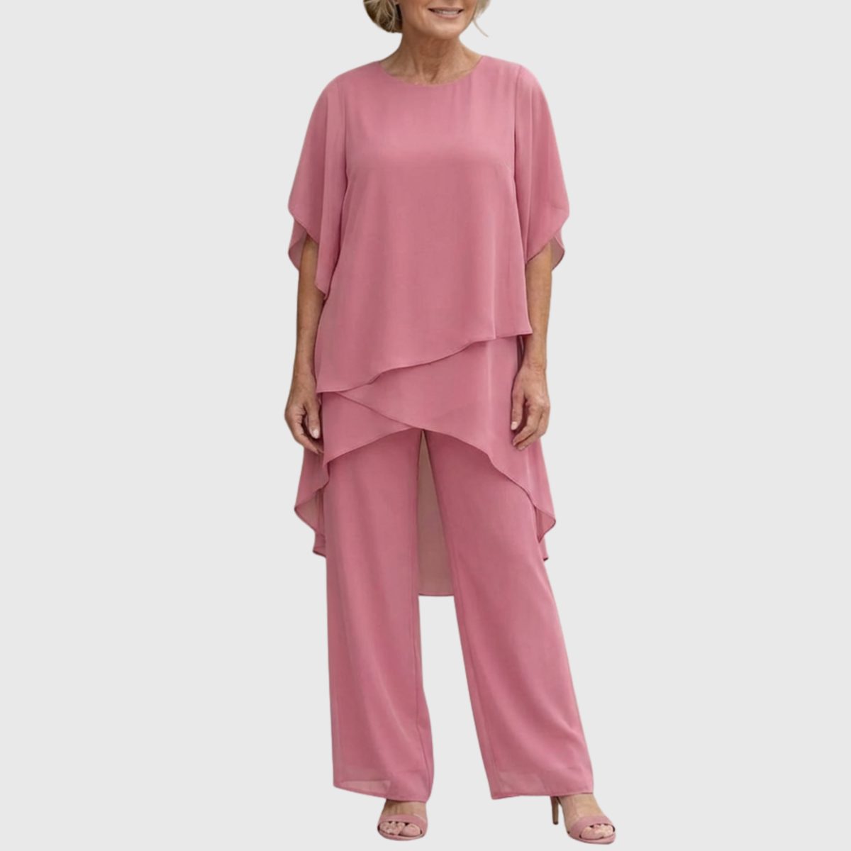 Elara elegant palazzo set in dusty pink: sheer cape-top overlay and wide-leg pants