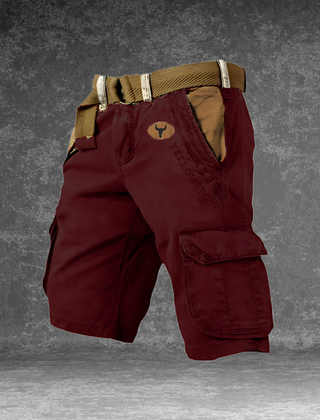 DUNMERE utility shorts in red with cargo side pockets and logo patch