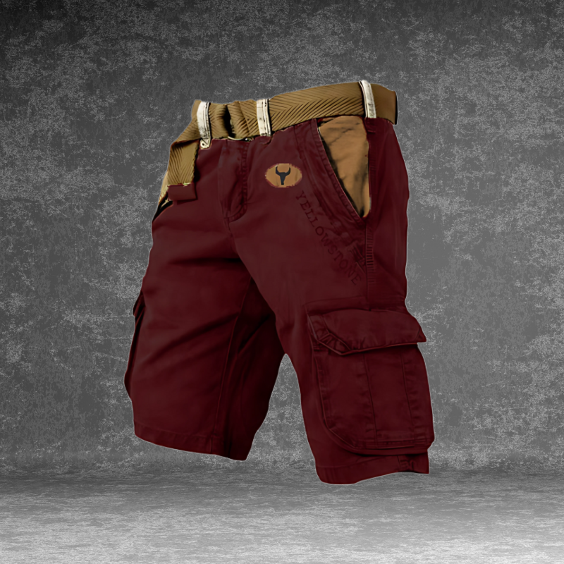 DUNMERE utility shorts in red with cargo side pockets and logo patch