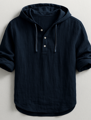 Black hoodie shirt with hood drawstrings and button henley placket, cuffed sleeves.