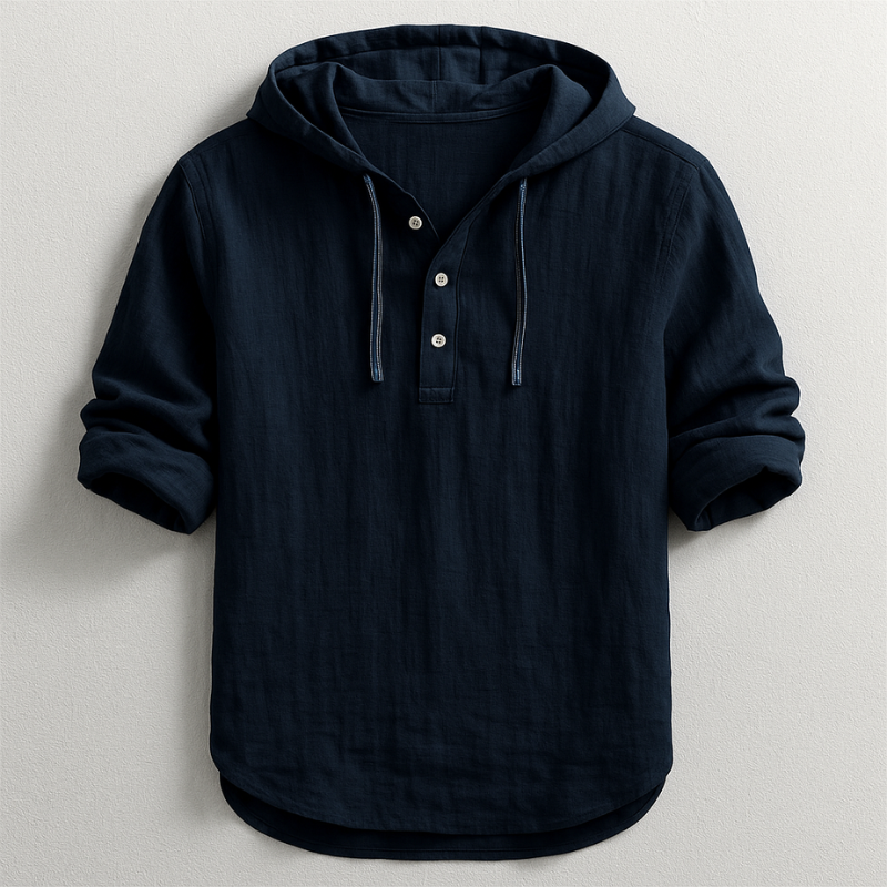 Black hoodie shirt with hood drawstrings and button henley placket, cuffed sleeves.