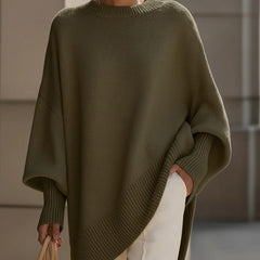 Olive green drop-shoulder knit jumper with ribbed crew neck and cuffs, loose drape