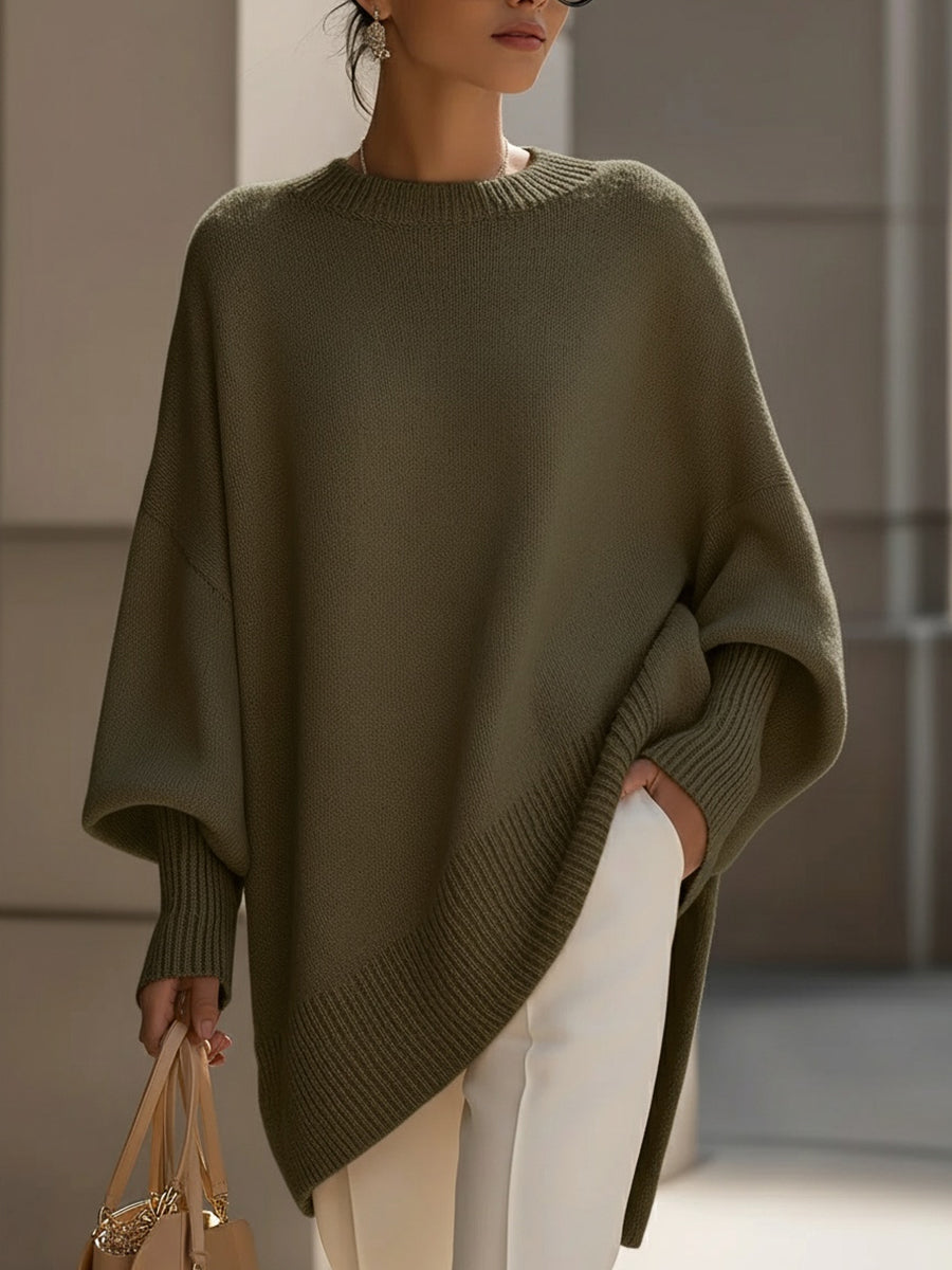 Olive green drop-shoulder knit jumper with ribbed crew neck and cuffs, loose drape