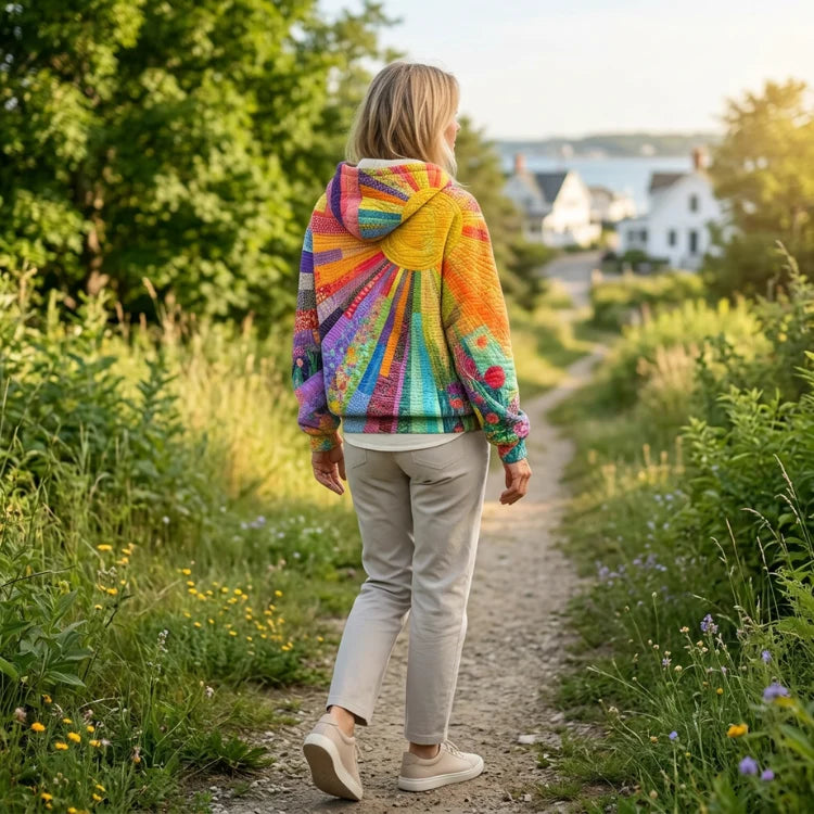Rainbow patchwork hoodie with hood and long sleeves, back view