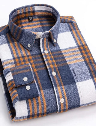 Blue and white plaid cotton flannel shirt with button-front and long sleeves