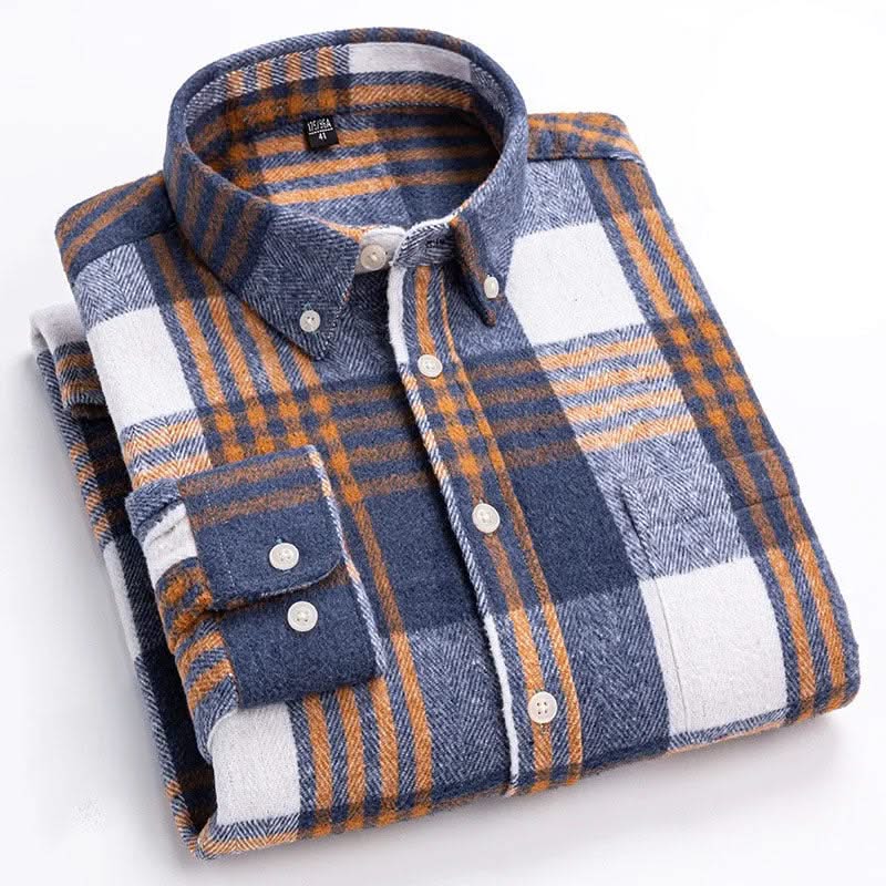 Blue and white plaid cotton flannel shirt with button-front and long sleeves