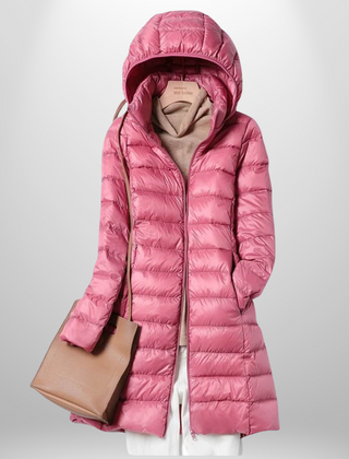 Pink hooded ultralight puffer down jacket with full-length zip and long side slit hem.