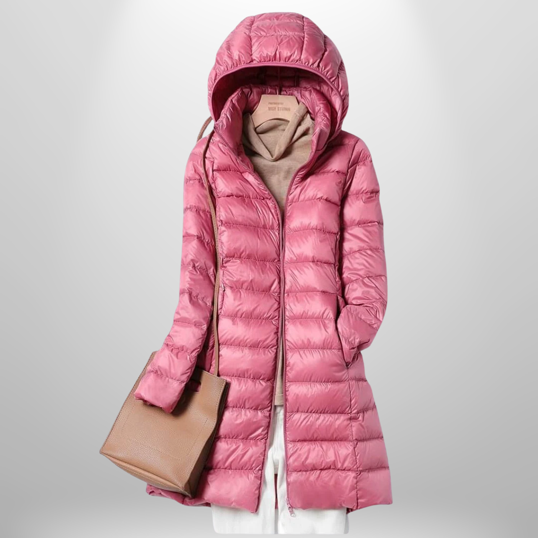 Pink hooded ultralight puffer down jacket with full-length zip and long side slit hem.