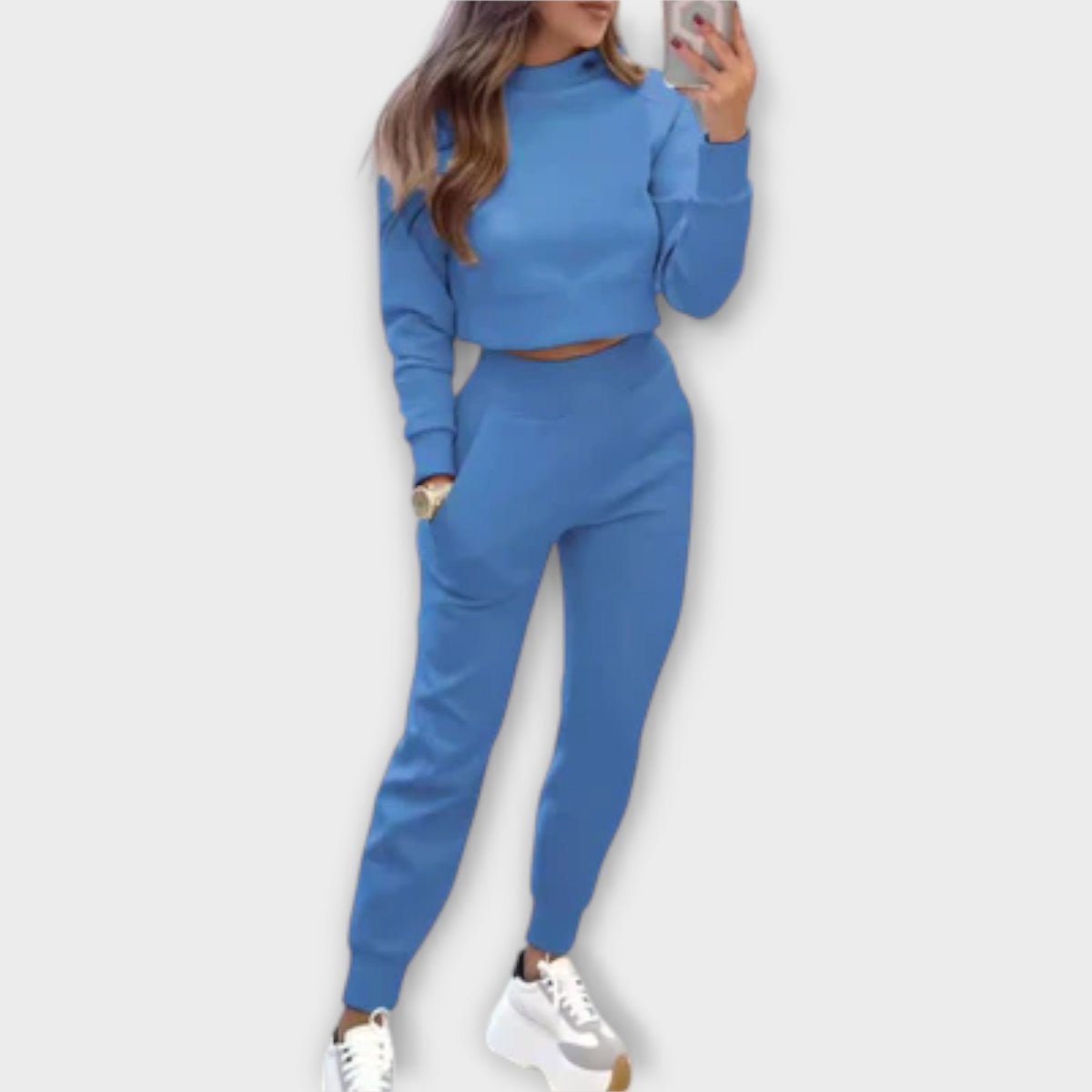 Blue casual tracksuit set with cropped sweatshirt and matching jogger pants