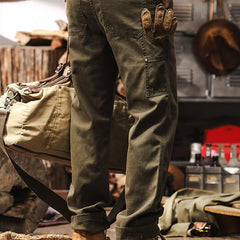 Army green straight-leg utility pants with cargo pocket and cuffed hem