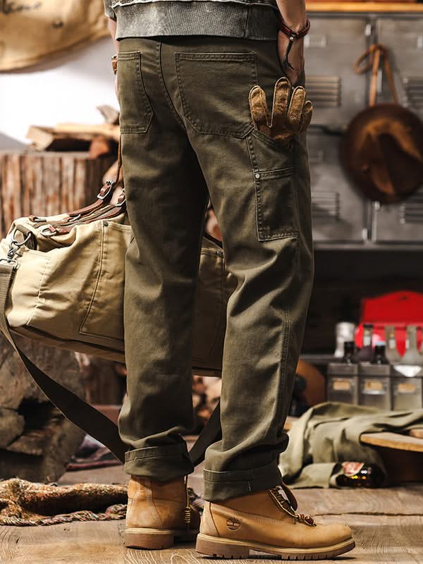 Army green straight-leg utility pants with cargo pocket and cuffed hem