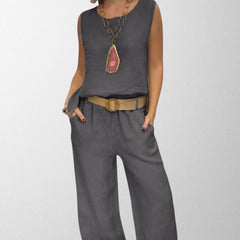 Grey boho two-piece set: sleeveless top and wide-leg pants with belt