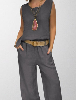 Grey boho two-piece set: sleeveless top and wide-leg pants with belt