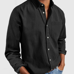 Black denim shirt with button-up front and chest pocket