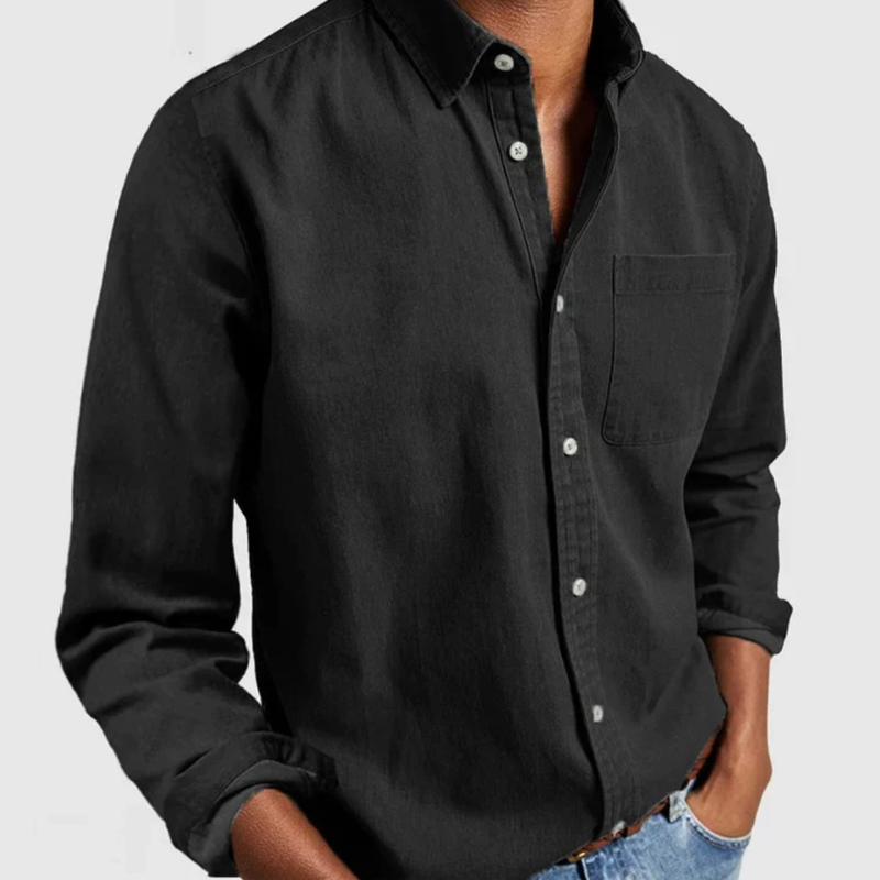 Black denim shirt with button-up front and chest pocket