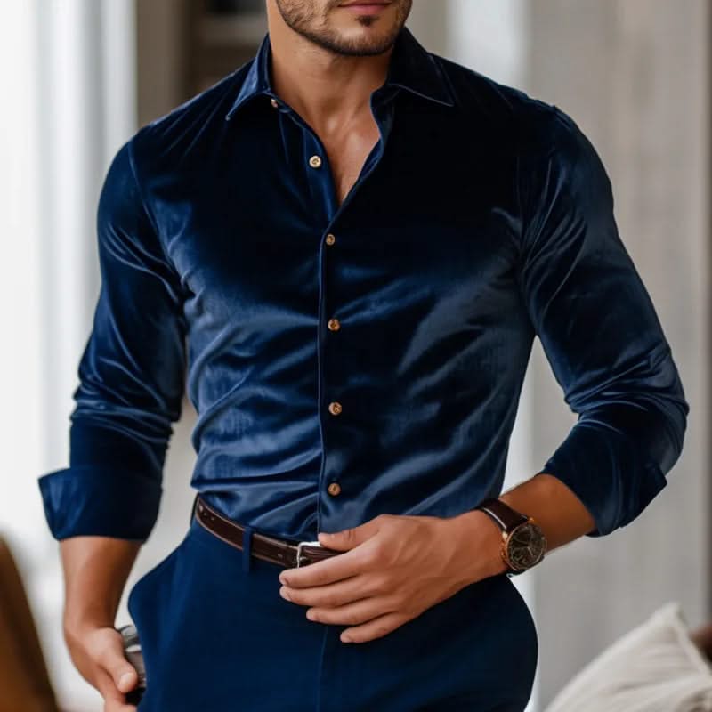 Navy velvet button-up shirt with long sleeves and gold-tone buttons.