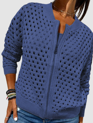 Blue openwork knitted cardigan with full front zipper and ribbed cuffs and hem