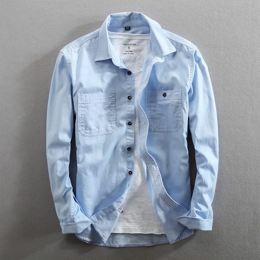Light blue classic-fit button-front shirt with chest pockets and buttoned collar