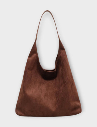 Brown suede-style handbag with single top handle and open inner edge
