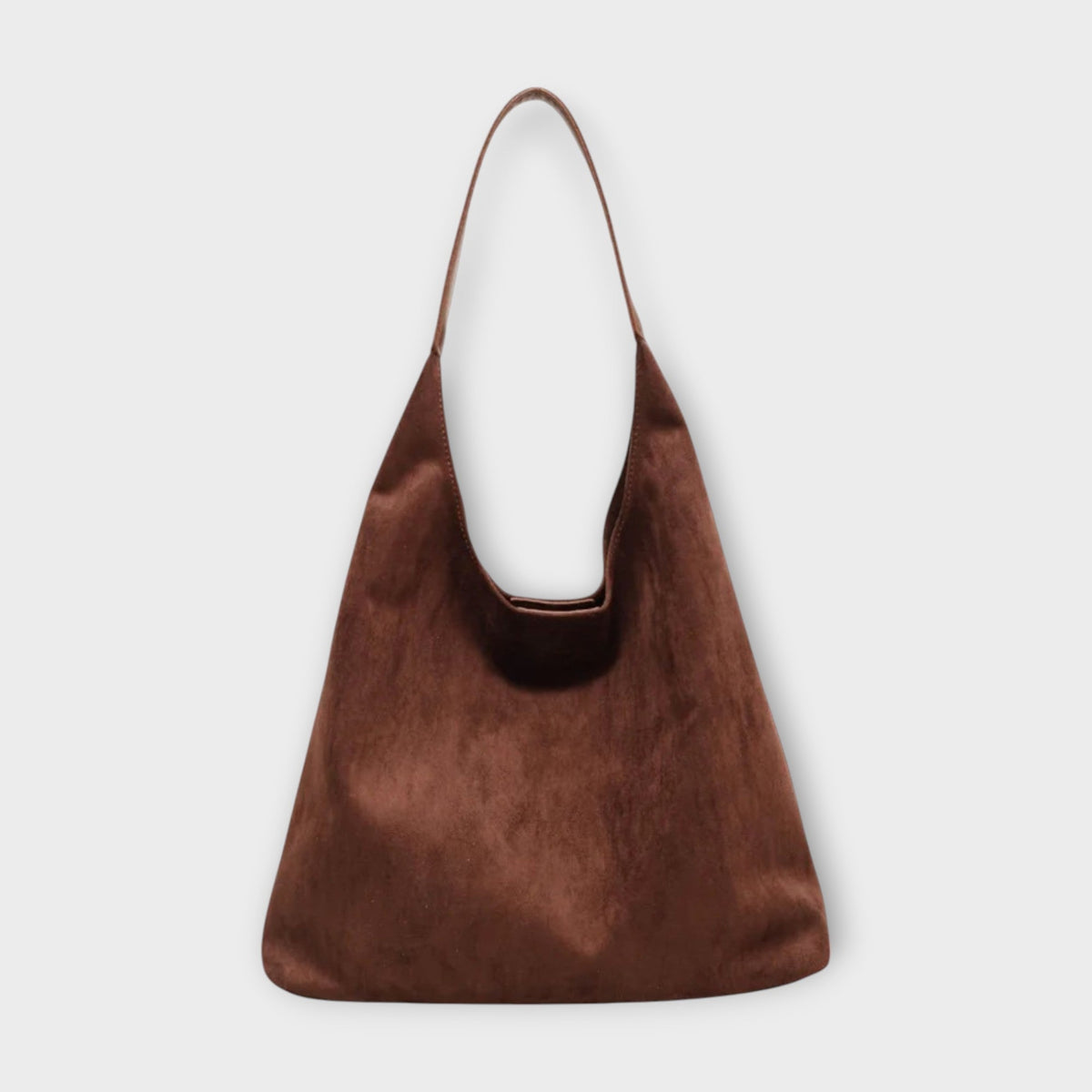 Brown suede-style handbag with single top handle and open inner edge