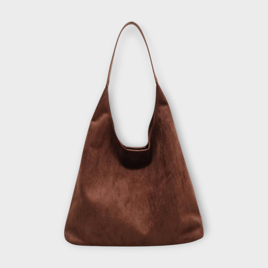 Brown suede-style handbag with single top handle and open inner edge