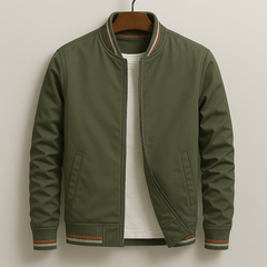 Men's olive-green bomber jacket with zip front, ribbed collar, striped cuffs and hem