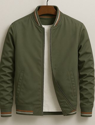 Men's olive-green bomber jacket with zip front, ribbed collar, striped cuffs and hem