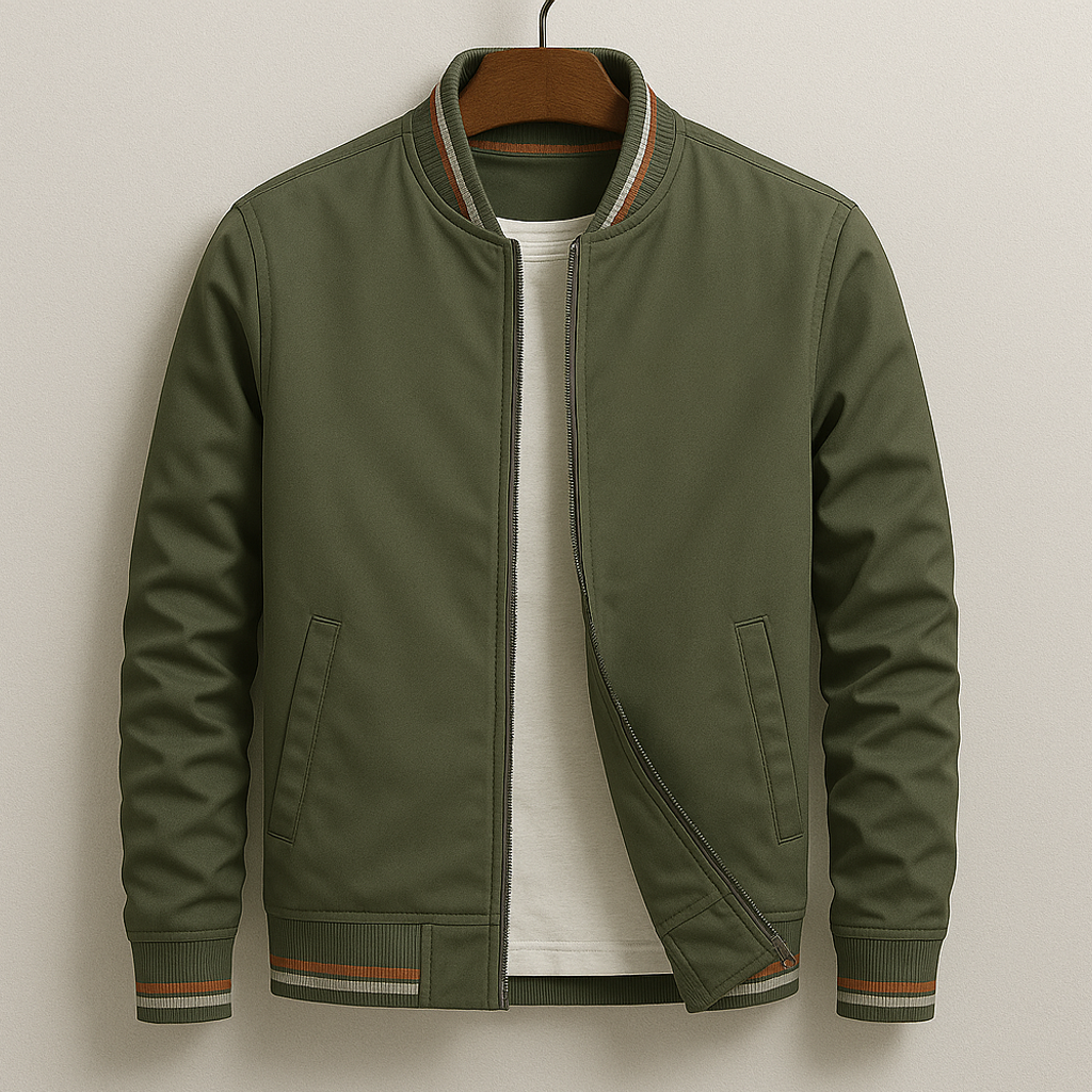 Men's olive-green bomber jacket with zip front, ribbed collar, striped cuffs and hem
