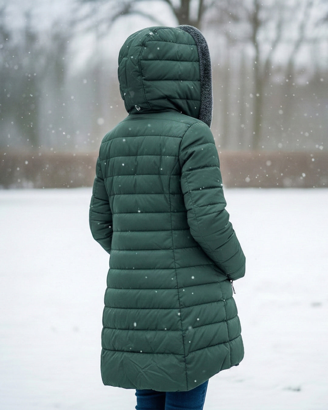 Dark green quilted hooded puffer coat back view with full hood and padded design