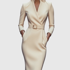 Light cream fitted midi dress with V-neck, long sleeves, and gold square buckle waist belt.