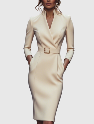 Light cream fitted midi dress with V-neck, long sleeves, and gold square buckle waist belt.