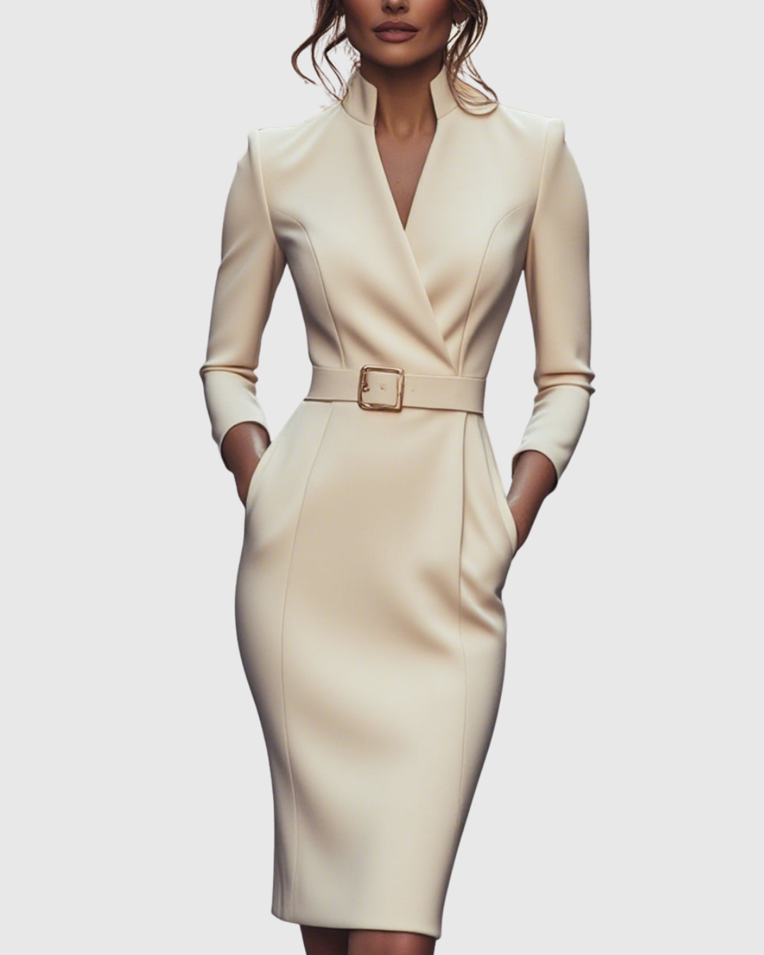 Light cream fitted midi dress with V-neck, long sleeves, and gold square buckle waist belt.