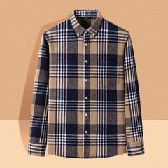 Men’s cotton flannel plaid button-up shirt, navy, tan, and cream checks.