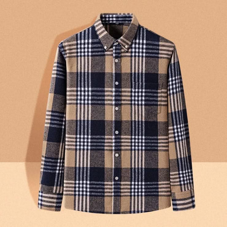 Men’s cotton flannel plaid button-up shirt, navy, tan, and cream checks.