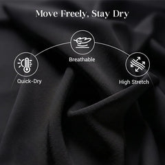 Black tee fabric with quick-dry, breathable, and high-stretch feature icons