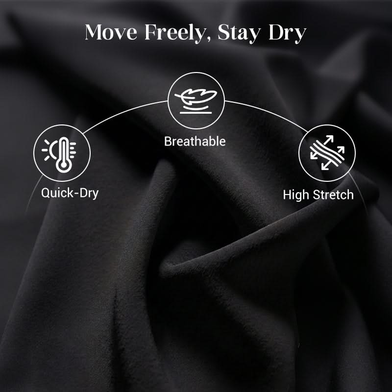 Black tee fabric with quick-dry, breathable, and high-stretch feature icons
