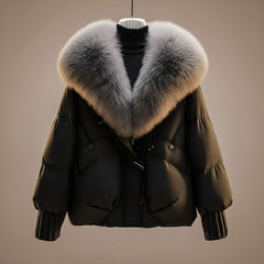 Black puffer coat with gray faux-fur collar trim and center zip front