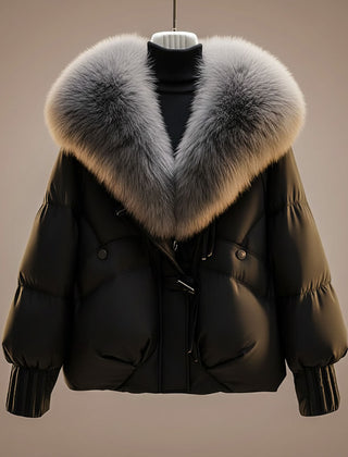 Black puffer coat with gray faux-fur collar trim and center zip front